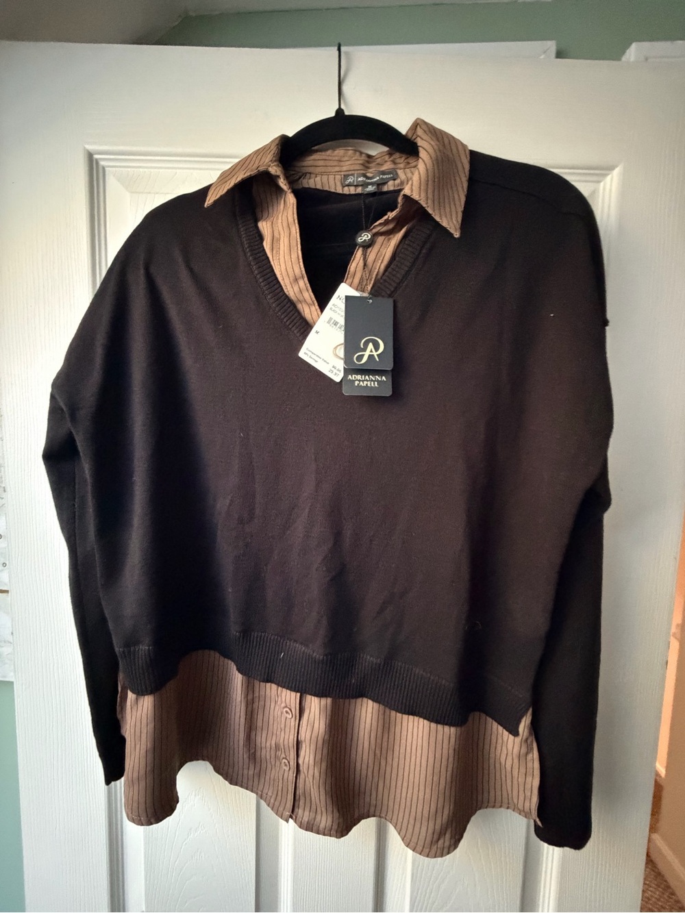 Adrianna Papell Men’s Brown Layered V-Neck with Tan Stripe Shirt Detail